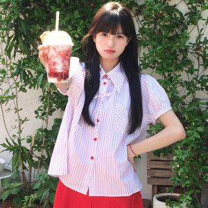 Áo Sơ Mi Nữ Tay Ngắn Họa Tiết Sọc Màu Hồng Rộng Rãi Phong Cách Ngọt Ngào Mùa Hè Mới Thời Trang Cổ Bẻ Nút Thắt