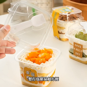 10Pcs 380ml Disposable Square Mousse Hight Lid Dessert Box Clear Plastic Cup Dessert Cake Cup With Spoon