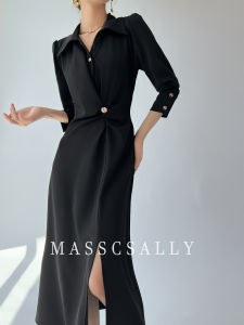 Elegant Long Sleeve Shirt Dress Womens Fashion Slimming Long Dress High Slit Commute Skirt Polyester Spandex Blend Autumn Spring