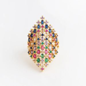 Nhẫn Bohemian Nhiều Màu Sắc Đính Đá Cubic Zirconia Cho Nữ Sang Trọng Cầu Vồng Mở Đường Thiết Lập Dây Đồng Mạ Vàng 18K Thời Trang Cưới Trang Sức