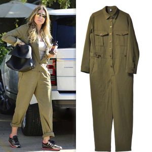 Street Style Military Green Cotton Overall Pants Womens Autumn Winter New Fashion Casual Trousers Low Waist with Pockets