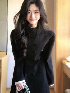 CHANGTONG | Korean Style Waist Cinching Black Wool Coat