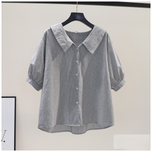 Brand Discount Summer Striped Doll Collar Loose Cotton Linen Womens Shirt Trendy Korean Style Straight Tube Button Print Split