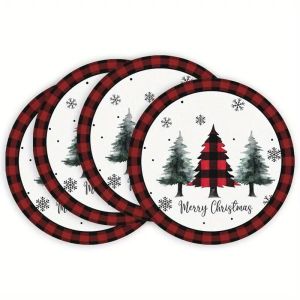 VIKAMA Beige Gold Bell Holly Wreath Round Placemat Green Leaf Berry Pine Branch Christmas Table Mat Dining Decor Indoor Art Soft