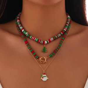 Salircon 3Pcs/Set Christmas Tree Santa Claus Pendant Necklace Women Romantic Cute Metal Clavicle OT Buckle Chain Holiday Jewelry