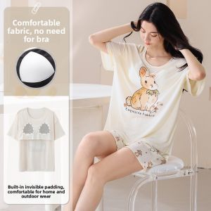 Miiow | Cat Woman Summer Ice Silk Sleepwear Set Short Sleeve Shorts Plus Size Outdoor Wearable Home Clothes Youth Casual Comfortable