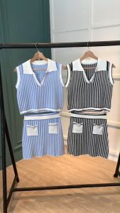 SET7343 Haeyin Stripe Collar Top n Skirt Knit Set