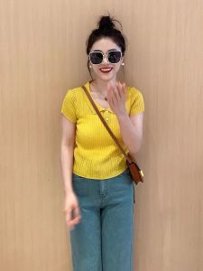HUOLISI | Blue Polo Collar Ice Silk Knitted Short Sleeve T-Shirt Slim Fit
