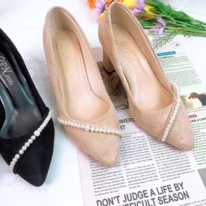 Giày cao gót vuông 7p bít mũi công sở da nhung kết dây hạt châu chéo chân - BM83 kèm ảnh thật và video