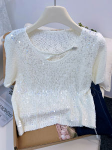 QINGNAER | French Luxury Beaded Short Sleeve Slimming Knitted Top