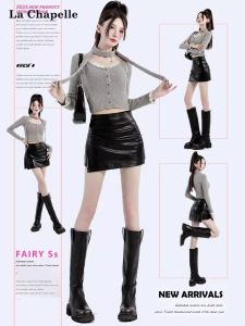 Black High Waist Slit PU Leather Mini Skirt Womens Autumn Design Slim Fit Short Skirt Anti-Light Walking Skirt Pants