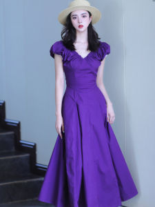 French Vintage Purple V-neck Dress with Fly Sleeve Slimming Backless Long Dress Holiday Dress Summer Season High Waist Bubble Sleeve