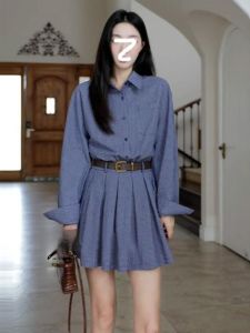 Preppy Style Retro Gingham Polo Collar Long Sleeves Shirt Patchwork Waist-Slimming Slim Looking Elegant Ruched A- line Dress Fashion