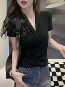 Stylish Design V-Neck Crossed Ruffled T-Shirt