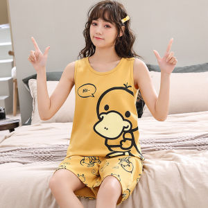 Summer Womens Sleepwear Set Sleeveless Shorts plus Size Pure Cotton Cartoon Loose Home Clothes Comfortable Breathable Nightgown