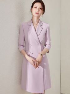 ชุดเดรสสูทสำหรับผู้หญิง ชุดทำงาน ชุดสัมภาษณ์งาน ชุดเดรสสำหรับการแข่งขันการบรรยาย ชุดทำงานสูท ชุดเดรสยาวปานกลาง แขนยาว คอโปโล