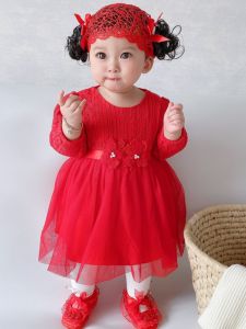 ชุดเดรสเด็กผู้หญิง Tagkita ทรงเจ้าหญิง แขนยาว กระโปรงทรงเค้ก ผ้าฝ้ายผสมโพลีเอสเตอร์ สีแดง ชุดวันเกิดครึ่งปี ชุดวันเกิดอายุครบหนึ่งปี เดรสเด็กผู้หญิง