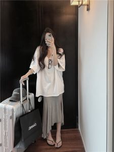 Summer Slimming Loose Oversized T-Shirt Deep V-Neck Boyfriend Style Casual Loose plus Size Womens Short Sleeve Mid-Length