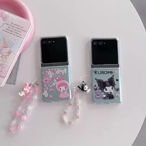 Sanrio | Ốp Lưng Trong Suốt Kawaii Sanrio My Melody Kuromi Cho Samsung Galaxy Z Flip Vỏ Bảo Vệ Chống Sốc Có Dây Đeo Ngọc Trai Trang Trí