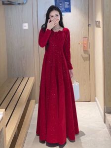 Elegant Long Engagement Dress Wine Red Shiny Crystal Square Collar Slimming A-Line Skirt Polyester Fabric Short Sleeve