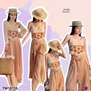 B18739 set เสื้อถักไหมพรมปักลาย สายเดี่ยว + กางเกงขายาวลายริ้ว set of knitted sweater with embroidered pattern single strap + long pants with str