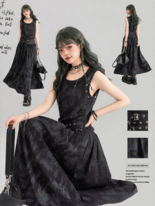 KEIKO | Chinese Style Tie Dye Black Dress Slimming Rivet Design U-Neck
