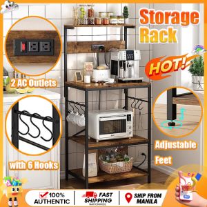 4 Tier Kitchen Storage Shelf with Outlet Powered Microwave Rack Stand With Power Outlet Socket Sideboard Dining Table Coffee Bar Station Storage Shelf Rack Multilayer Kitchen Storage Rack with Outlet