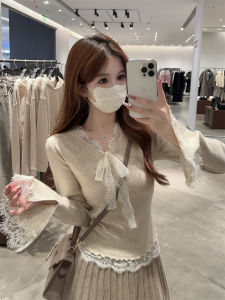 Chic V-neck Lace Knitted Base Shirt Womens Inner Wear Top Elegant Sensation Long Sleeve Regular Fit Korean Style Spring 2025