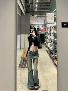 Retro High-Waist Wide-Leg Denim Jeans for Women Light Color Washed Finish Micro-Flared Legging Pants American Street Style