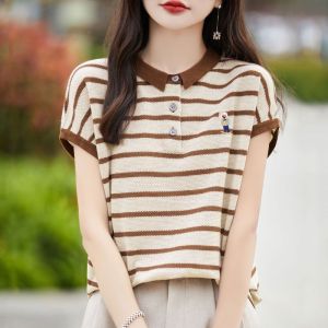 Embroidered Striped Ladies Short Sleeve T-Shirt: Fashionable Summer 2024 New Arrival with Color Block Design and Slim Fit Knitwear
