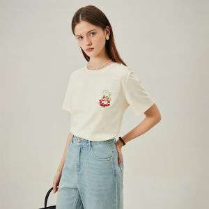 เสื้อยืดแขนสั้นผู้หญิง ลายปักแมวสีม่วง ทรงหลวม ผ้าฝ้ายผสม ฤดูร้อน 2024 คอกลม เสื้อผ้าทำงาน แฟชั่นสตรีท ลำลอง