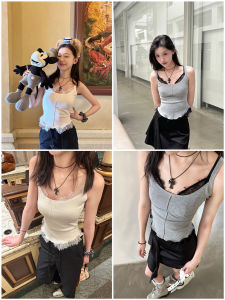 แกะ ผู้หญิง ลูกไม้ ถักประกบ เสื้อกล้าม ฤดูร้อน คอคล้องคอ ชั้นฐานพร้อมชายเสื้อโค้งด้านล่าง อินเทรนด์ และ เซ็กซี่