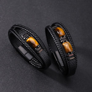 Trendy Tiger Eye Stone Mens Bracelet Multi-Layer Rope Leather Magnetic Buckle Fashionable Hand Chain Fresh Outlined Jewelry