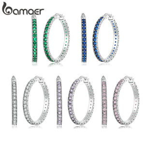 BAMOER 925 Sterling Silver Needle Simple Multicolor Hoop Earrings For Women Zircon Ear Buckles YIE228