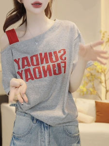 Shalldoer | Áo thun tay ngắn thiết kế chữ cái thời trang mùa hè cho nữ Áo thun cổ tròn dáng rộng thường ngày bằng vải polyester