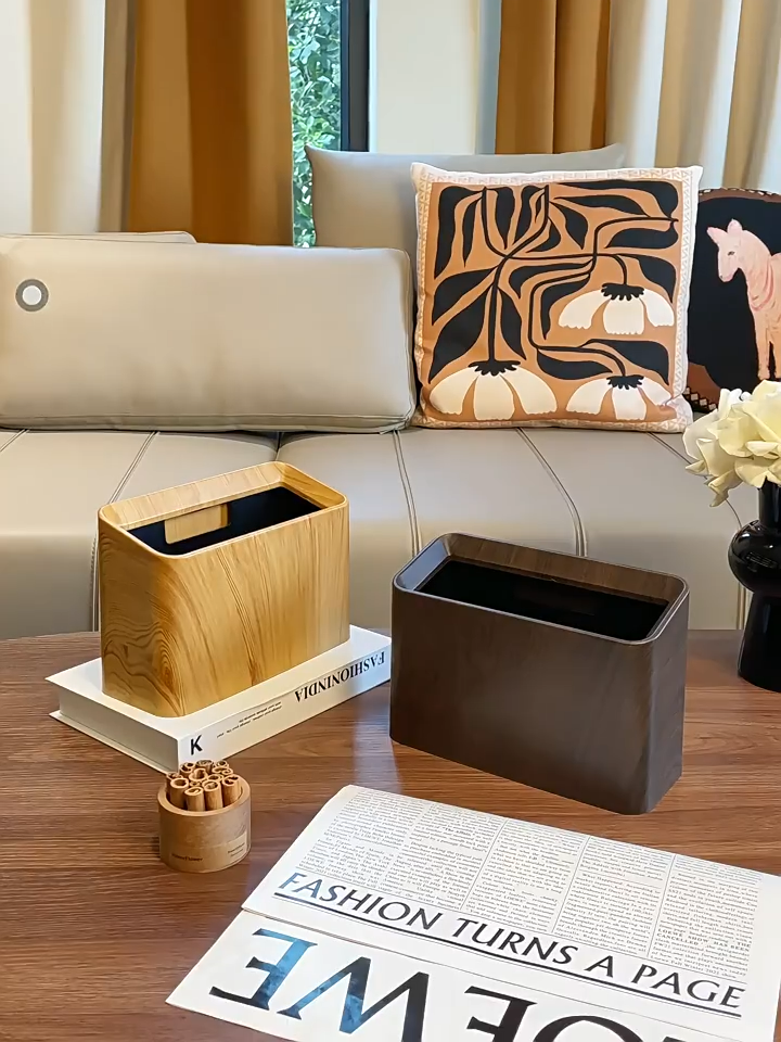 （IN STOCK）LORDWEY Retro Walnut Wood Grain Desktop Small Trash Bin Can Coffee Table Chinese-style Wastebasket