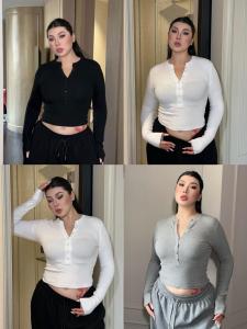 เสื้อยืดคอกลมแขนยาวทรงเข้ารูปสำหรับผู้หญิงไซส์ใหญ่ ดีไซน์รัดรูป ทรงพอดีตัว ผูกปม ทรงพื้นฐาน