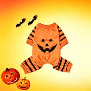 Halloween Lantern Dog Four Leg Jumpsuit Orange Pumpkin Face Puppy Bodysuit Onesie Fall Pajama Outfit For Small Medium Dogs Cats