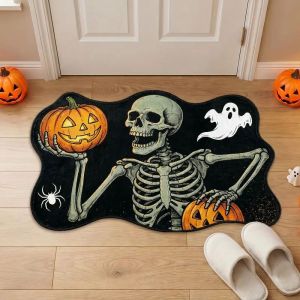 VIKAMA Halloween Skeleton Pumpkin Ghost Spider Irregular Entrance Rug Non Slip Front Door Floor Mat Home Decoration