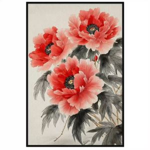 Tranh thủy mặc hoa mẫu đơn đỏ phong thủy hút tài lộchạnh phúc.Tranh treo tườngdán tường.CGI-1332