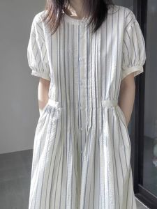 Summer New Womens Cotton Linen Shirt Dress Bubble Sleeve Long Vertical Stripes French Style Button High Waist A-Line Dress