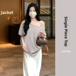 YUEZHONGWEI | Off-Shoulder Ice Silk Knit Short Sleeve Loose Summer Top