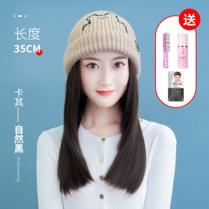 Womens Long Straight Hair Knitted Hat Fake Hair Full Cover Style Sweet Cute High Temperature Silk Hair Fake Hair Accessories