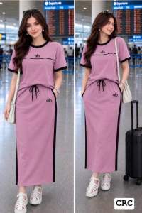 Plus size Striped T-Shirt & Maxi Skirt Set with Drawstring Waist and Pouch Pocket for Women 2xl