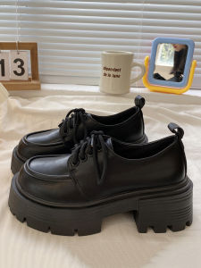 British Style Black Thick Bottom Small Leather Shoes Womens Spring New Chunky Heel Heightening Lace-Up Loafers Platform Flats