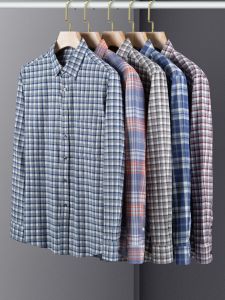 Autumn New Mens Pure Cotton Plaid Long Sleeve Shirt Slim Fit Youth Fashion Top Trendy Japanese Style Regular Thickness Button Decor