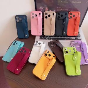 Luxury Leather Wrist Strap Solid Color Case For iPhone Air 17 16 15 14 13 Pro Max Handheld Wristband Camera Protect Matte Cover