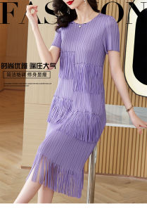 Nova quality⭐ One person one pleat ⭐miyake fringe patchwork Beaded  pleated skirt summer new high-end fold temperament simple small nailed bead round neck dress