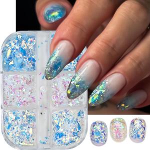 6Grids 3D Aurora Blue Pink Opal Nail Glitter Sequins Iridescent Irregular Nails Flakes for Summer Manicure Decoration Paillettes