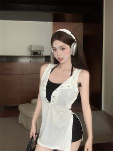 GUZILIAN | เสื้อกั๊กสีดำคอวีเปิดหลังเซ็กซี่สำหรับผู้หญิง ชุดสองชิ้น ทรงหลวม สไตล์เกาหลี ฤดูร้อน 2024 เสื้อผ้าทำงาน